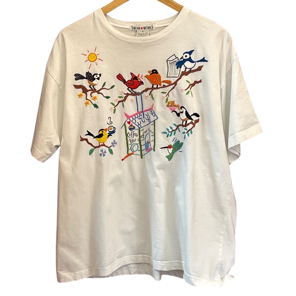 Vintsge 90s Swan Works T-Shirt Hand Embroidered Birds Grandmacore Naturecore